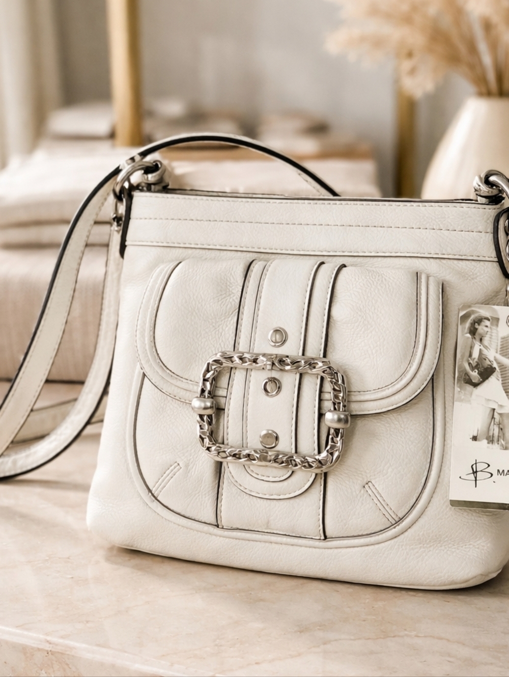 B. Makowsky Cream Leather Crossbody with Decorative Silver Buckle NWT